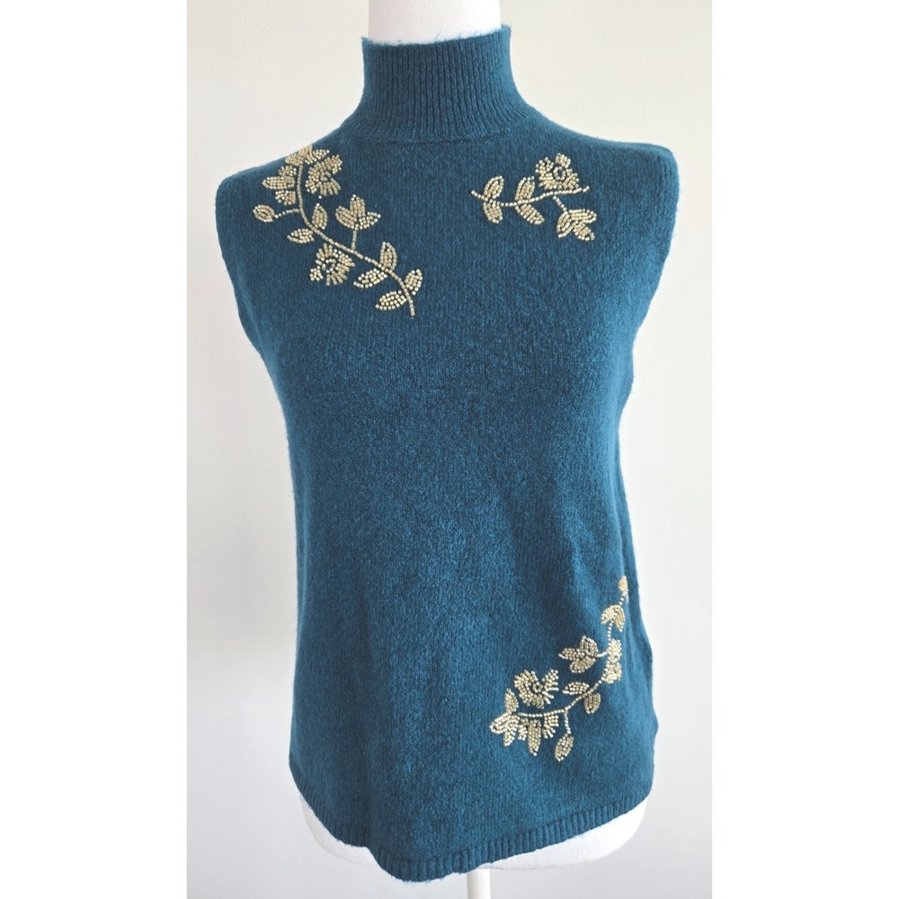 Zara Sleeveless Turtleneck Sweater Vest Turquise Green Beaded Floral Wool Blend